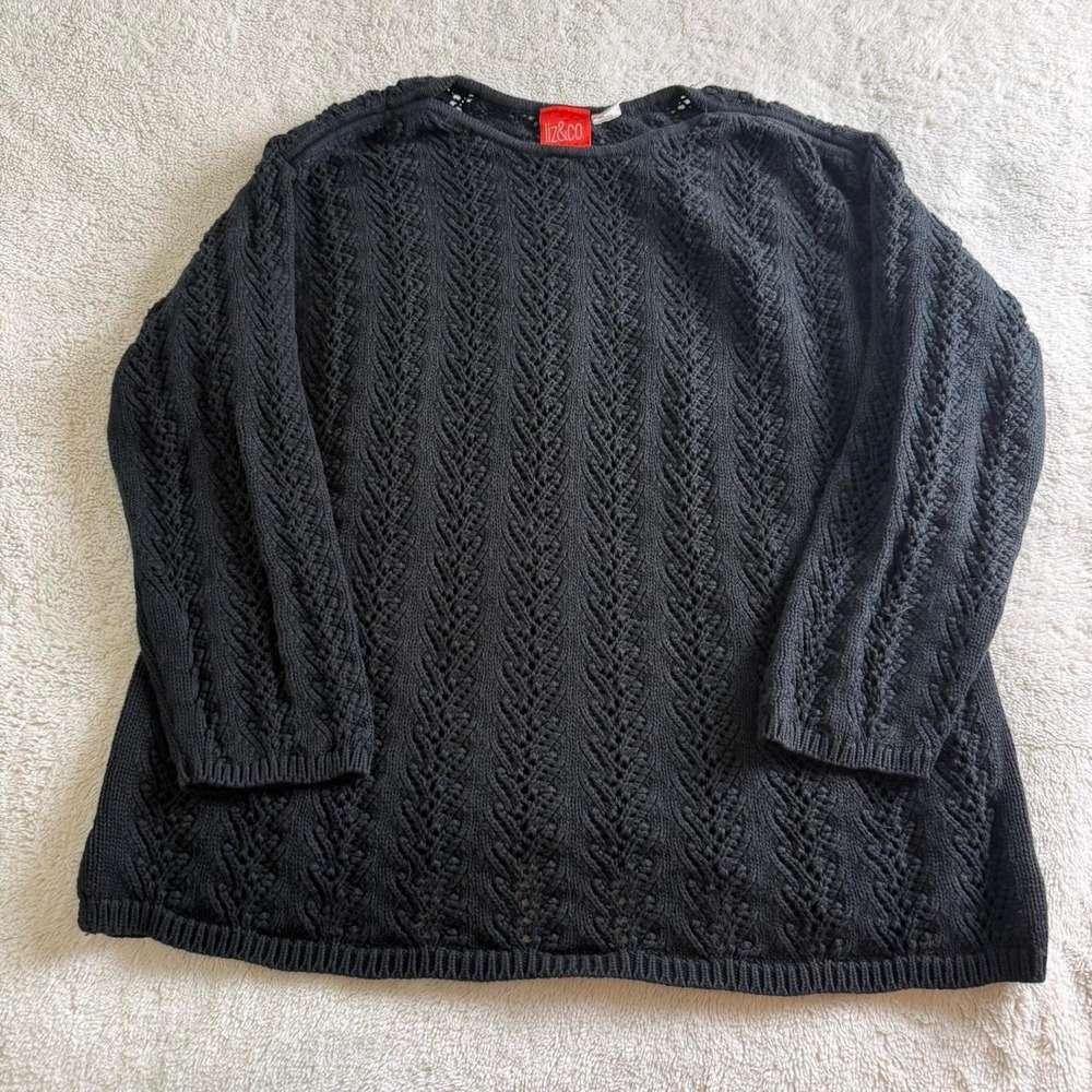 Liz & Co Pointelle Cotton Sweater Black Size L
